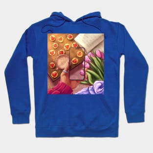 Have a good day. Illustration with tulips and cookies with hearts. Hoodie